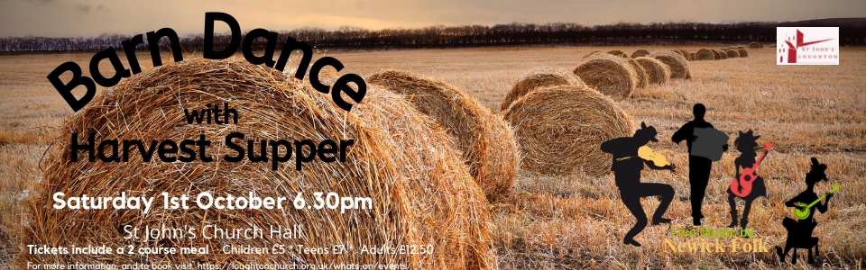 A field of round hay bales with the words 'Barn dance and Harvest Supper' around one of them. Silhouttes of band players are playing their instruments in the field